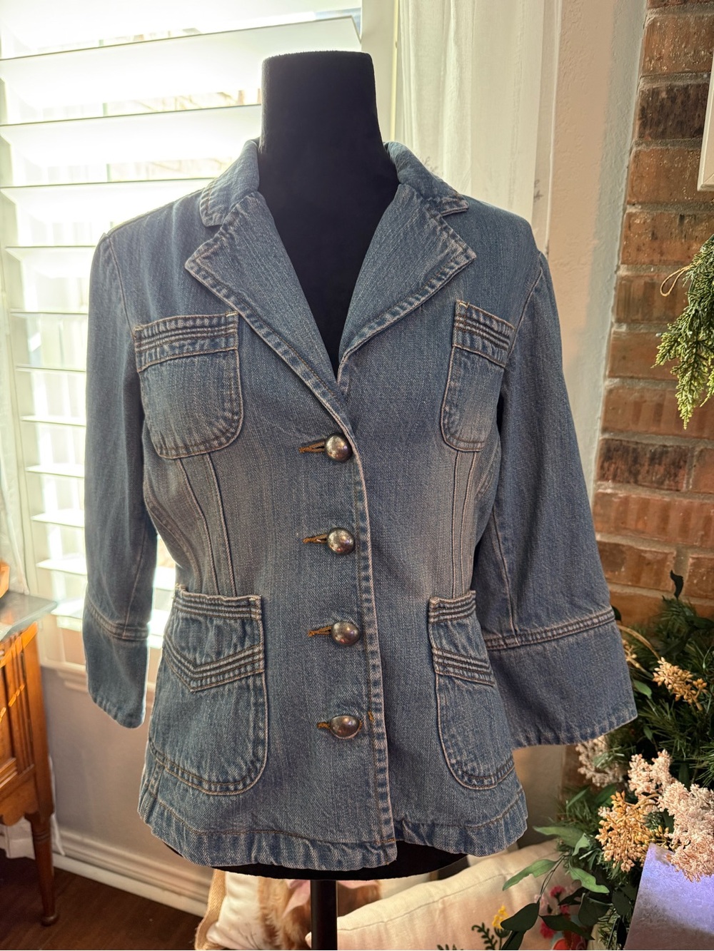Cato Denim Blazer Jacket Women’s L Light Wash Blue 4 Pocket Tailored